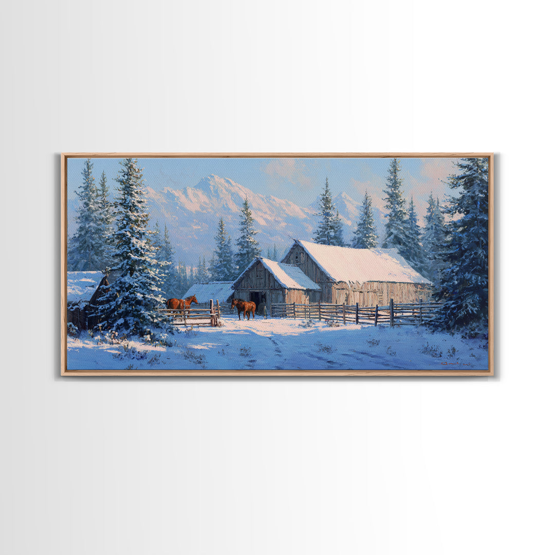 Charming Snowy Barn Winter Landscape Oil Painting Wall Art Framed Canvas Print Rustic Home Decor Cabin Living Room Art Print