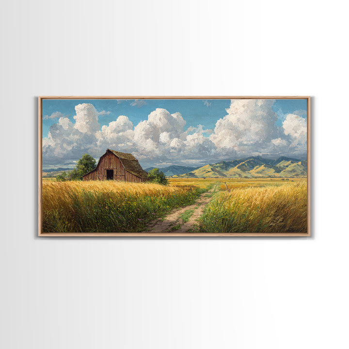 Classic Country Barn in Golden Autumn Field With Mountain Backdrop Oil Painting Canvas Print Wall Art for Rustic Home Decor