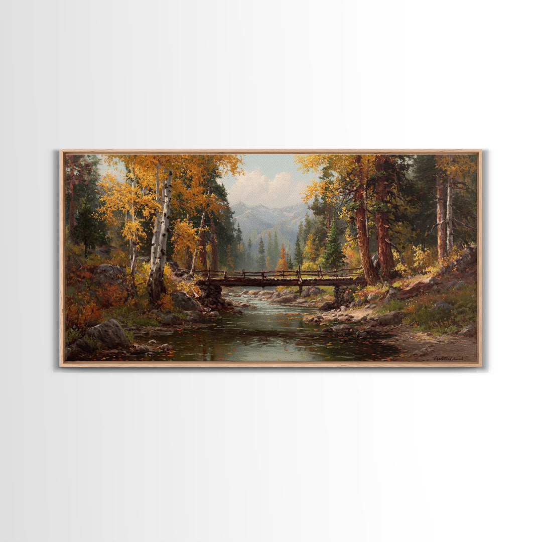 Peaceful Autumn Forest Landscape With Creek And Wooden Bridge Oil Painting Wall Art Framed Canvas Print