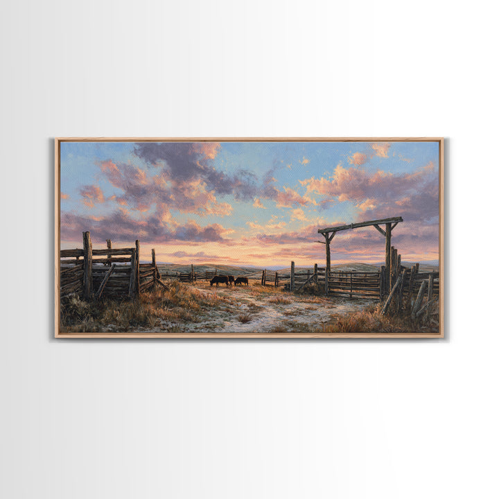 Rustic Western Ranch Sunset Landscape Painting Of Horses Grazing At Dusk Framed Canvas Print For Modern Wall Art And Home Decor