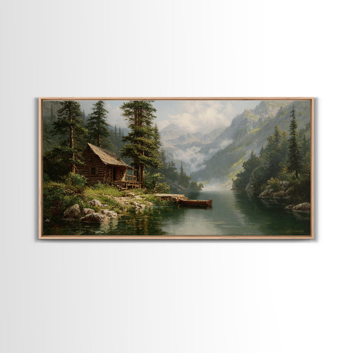 Peaceful Riverside Cabin Landscape Painting Wall Art Framed Canvas Print Rustic Home Decor Large Art Print