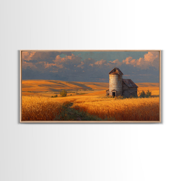 Rustic Barn In Golden Wheat Field Landscape Painting Beautiful Country Scene Wall Art Framed Canvas Print For Farmhouse Decor