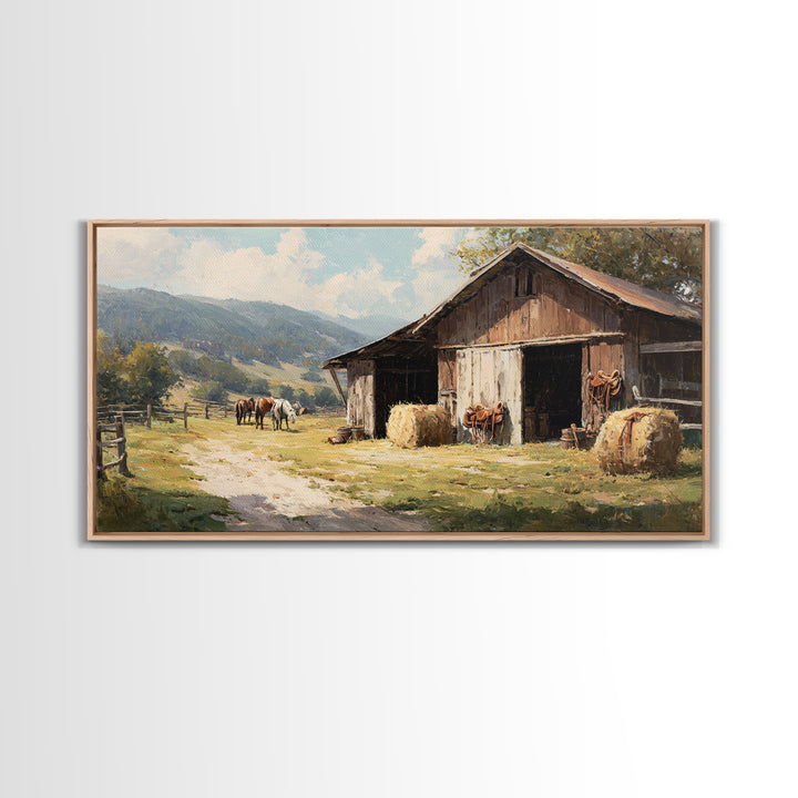 Rustic Western Hay Bales And Horses In Countryside Oil Painting Canvas Print For Farmhouse Wall Art And Country Home Decor