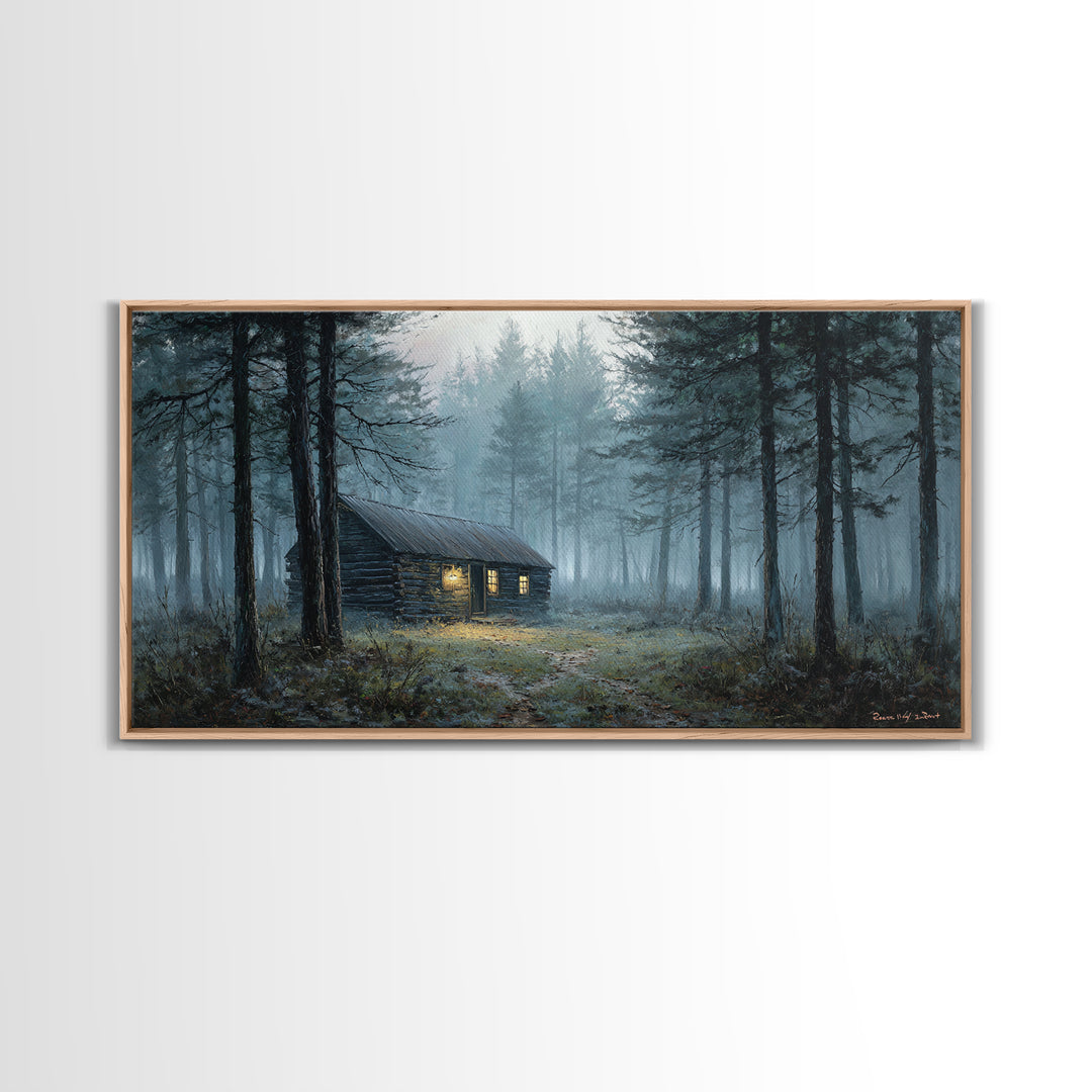 Misty Forest Cabin Landscape Wall Art Framed Canvas Print Cozy Rustic Home Decor Nature Painting