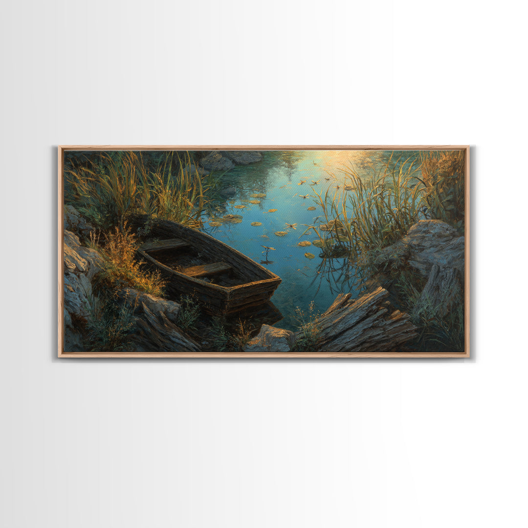 Rustic Oil Painting Capturing Quiet Lakeside With Old Wooden Boat Among Calm Water And Rocks Serene Nature Wall Art For Home Decor Framed Canvas Print