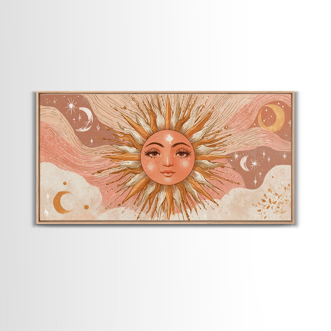 Boho Sun Face Wall Art, Celestial Moon And Stars Illustration, Terracotta Mystical Decor, Whimsical Nursery Art Print Gift