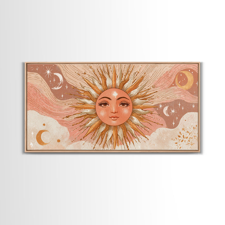 Boho Sun Face Wall Art, Celestial Moon And Stars Illustration, Terracotta Mystical Decor, Whimsical Nursery Art Print Gift