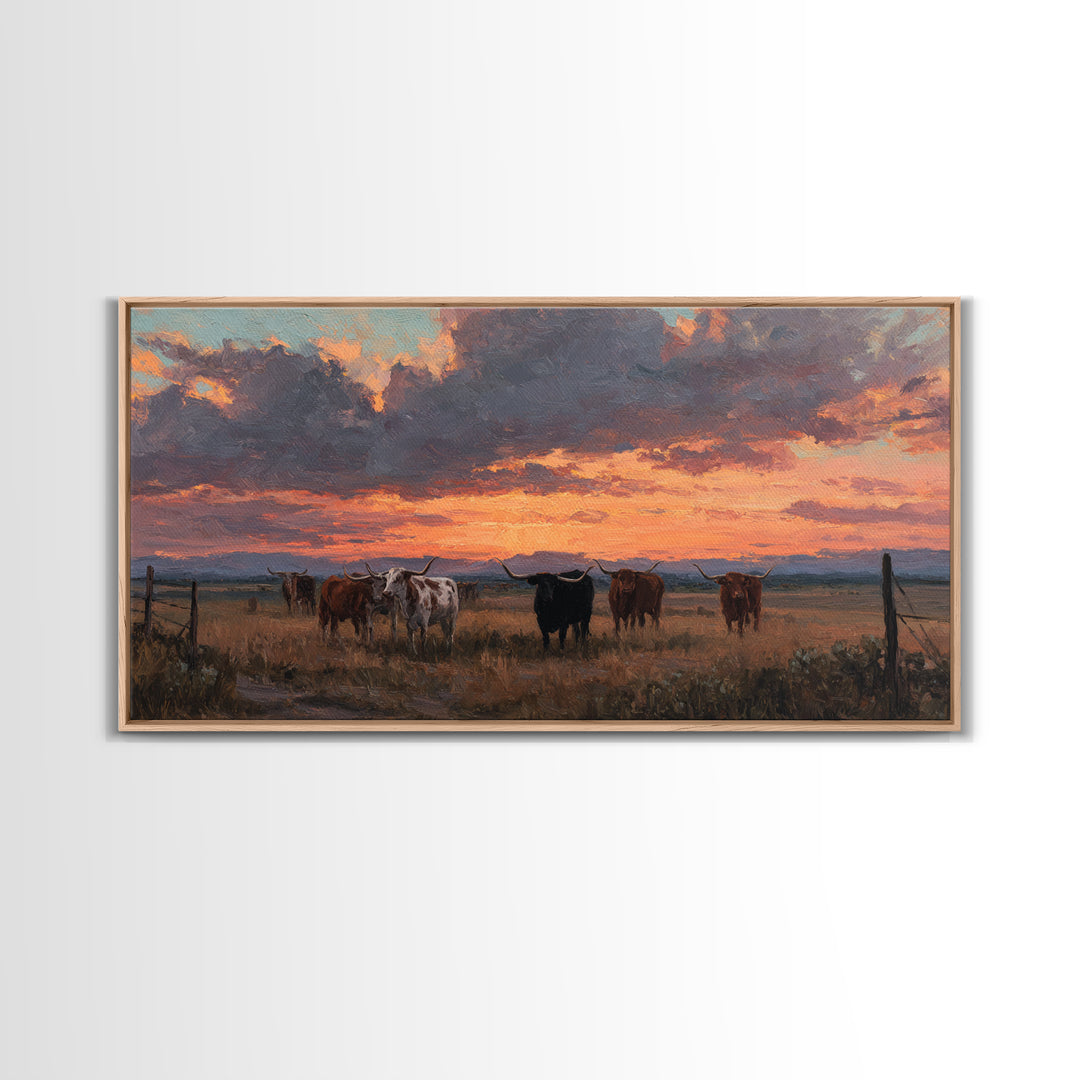 Dramatic Sunset Over Cattle Ranch With Vibrant Sky And Silhouetted Herd Canvas Print Large Wall Art For Rustic Decor