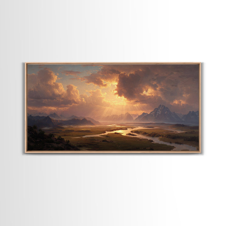 Sunset Mountain River Landscape Wall Art With Warm Golden Light Rays Illuminating Nature For Rustic Home Decor And Large Canvas Print