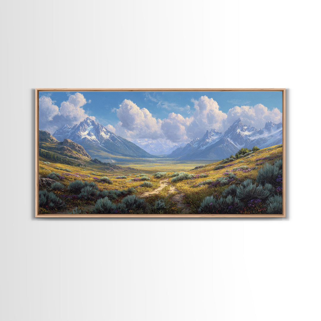Stunning Realistic Mountain Landscape Painting Canvas Print Featuring Wildflowers And Blue Sky Large Wall Art For Living Room Decor