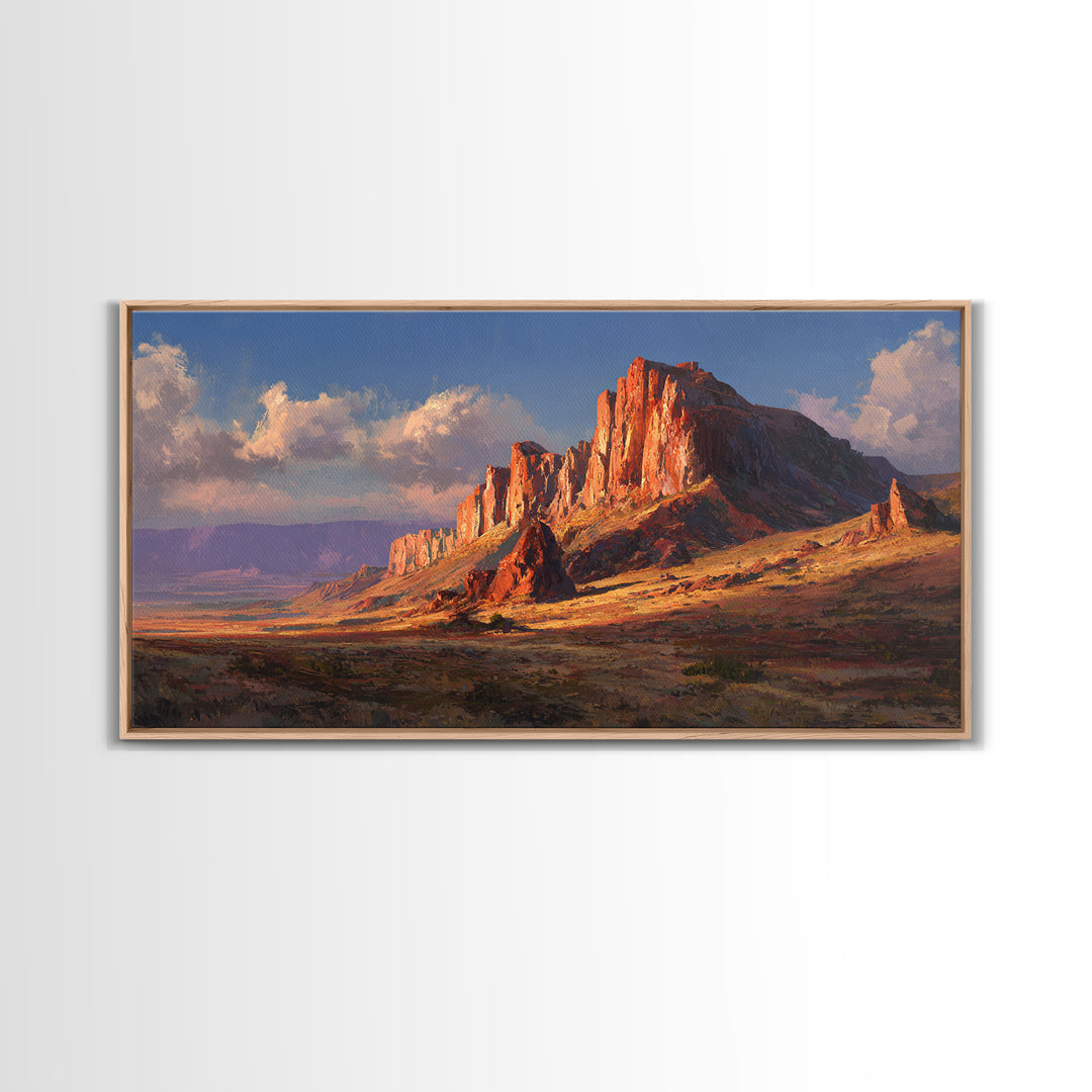 Warm Autumnal Mountain Landscape Oil Painting With Trees And Bridge Cozy Rustic Wall Art Framed Canvas