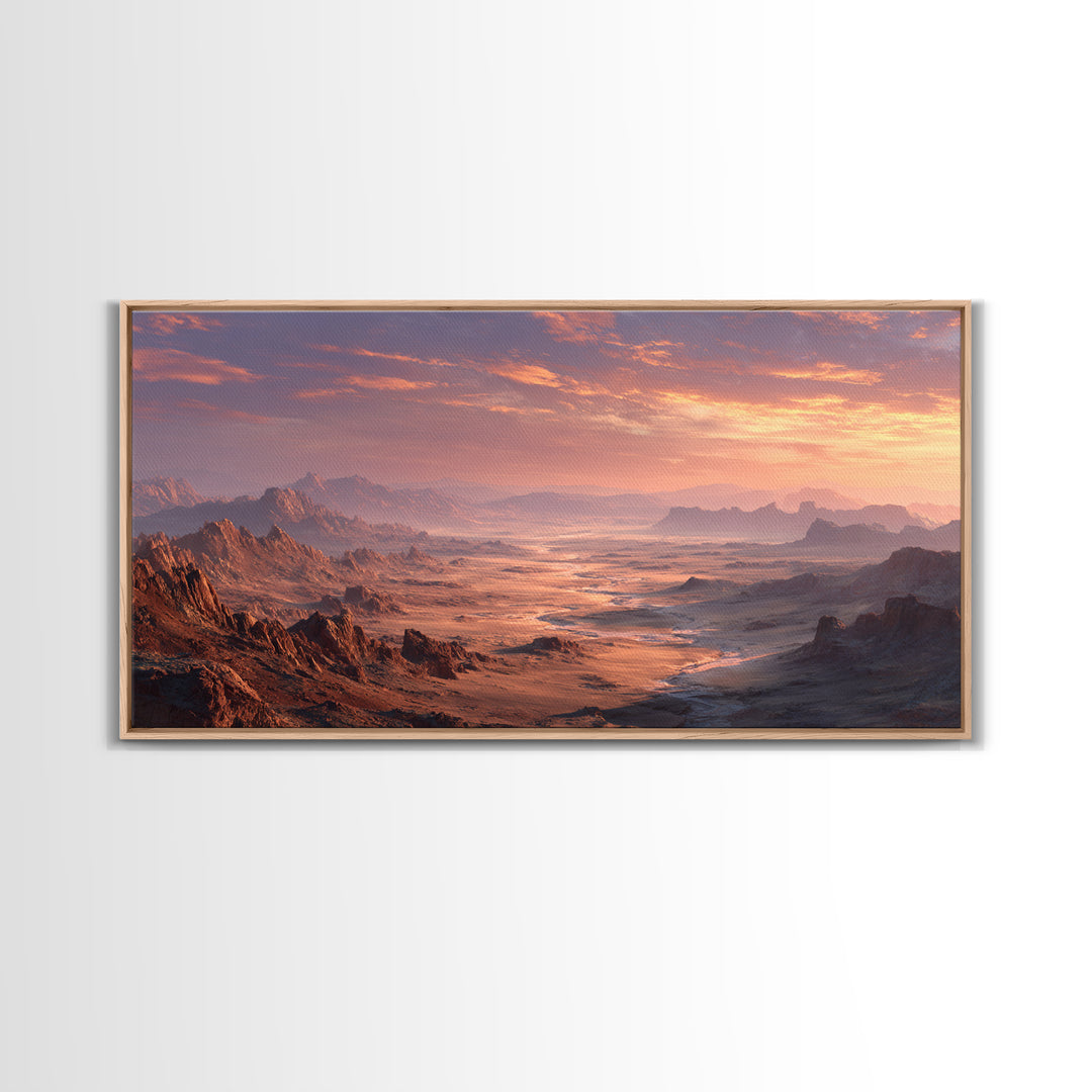 Expansive Desert Canyon Landscape With Warm Sunset Glow Moody Wall Art Framed Canvas Print Suitable For Living Room Decor