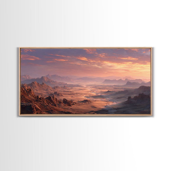 Expansive Desert Canyon Landscape With Warm Sunset Glow Moody Wall Art Framed Canvas Print Suitable For Living Room Decor
