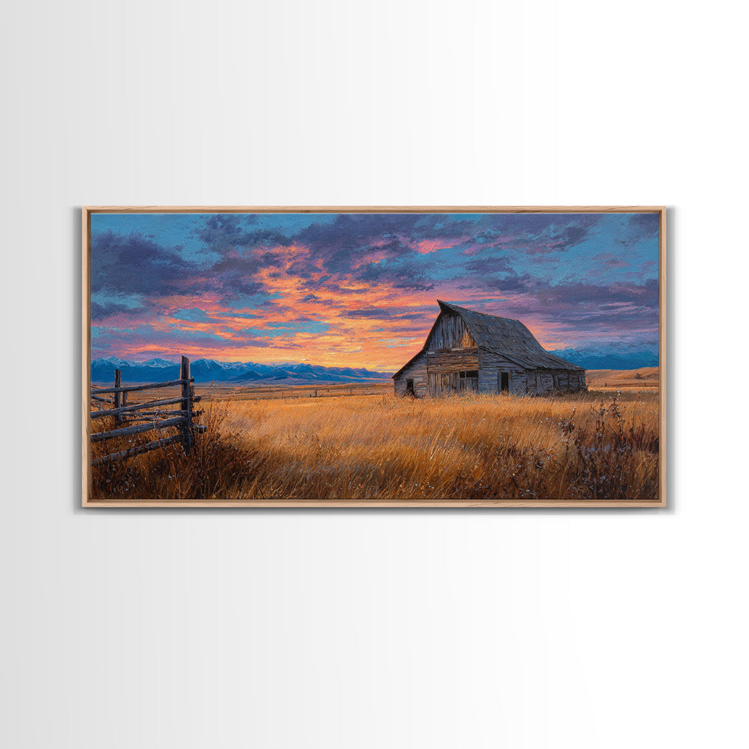 Rustic Barn Landscape Oil Painting With Golden Field And Mountain Background, Large Wall Art Canvas Print For Farmhouse Decor