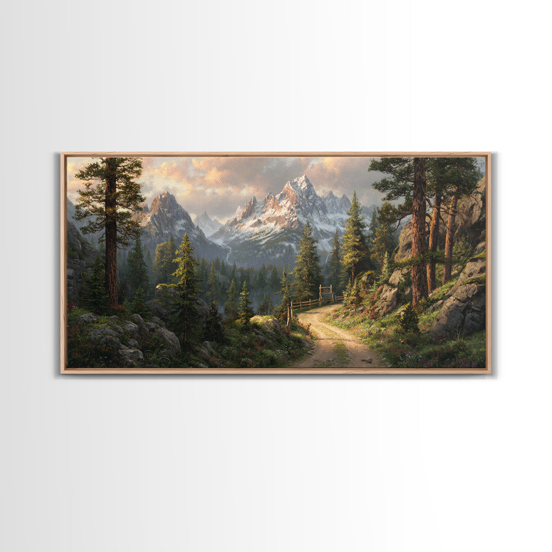 Majestic Mountain Path With Lush Pine Trees Wall Art Framed Canvas Print Landscape Painting For Rustic Home Decor Cabin Art