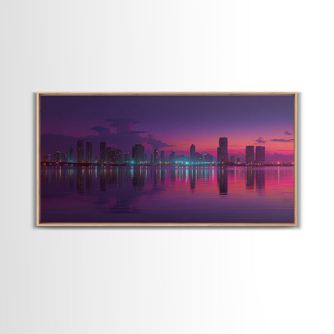 City Skyline At Dusk Stunning Sunset Colors Reflecting On Water Large Wall Art Framed Canvas Print Home Decor