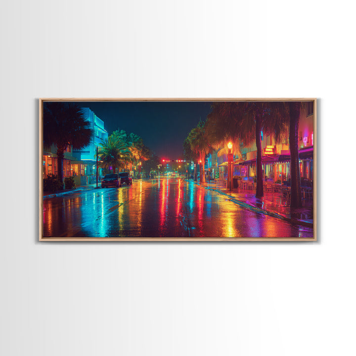 Colorful Night City Street With Neon Lights And Reflections On Wet Pavement Modern Wall Art Print Canvas