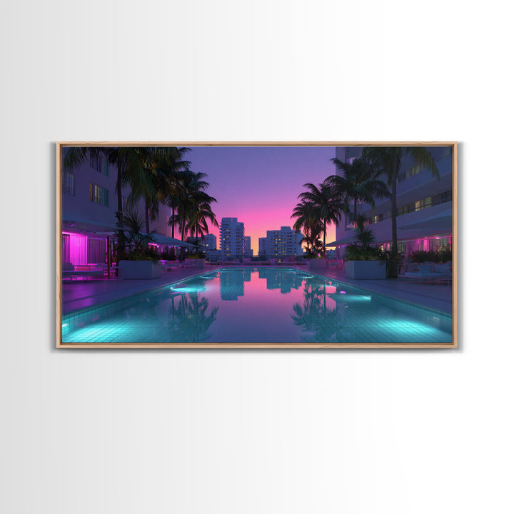 Luxury Modern Miami City Pool Sunset Palm Trees Reflected In Water For Chic Living Room Decor Framed Canvas Print