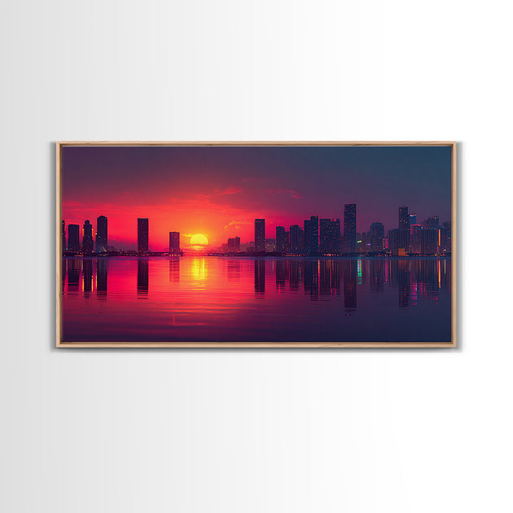 Vibrant Sunset Over City Skyline Reflected On Water Contemporary Wall Art For Living Room Decor Framed Canvas Print With Modern Home Decor Appeal