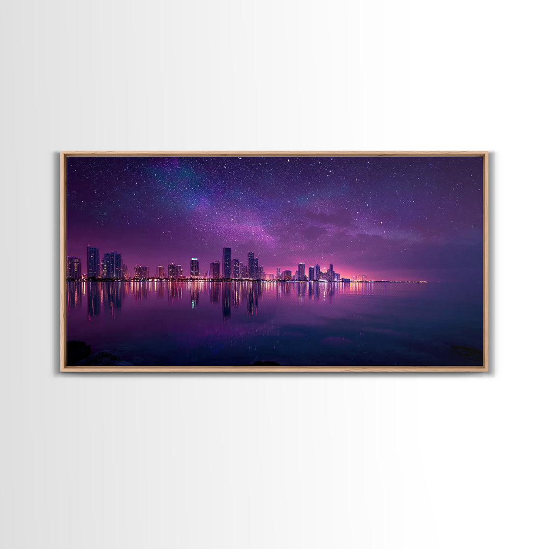Vibrant Neon Purple City Skyline At Night With Starry Sky Reflections Wall Art Modern Wall Decor Canvas Print