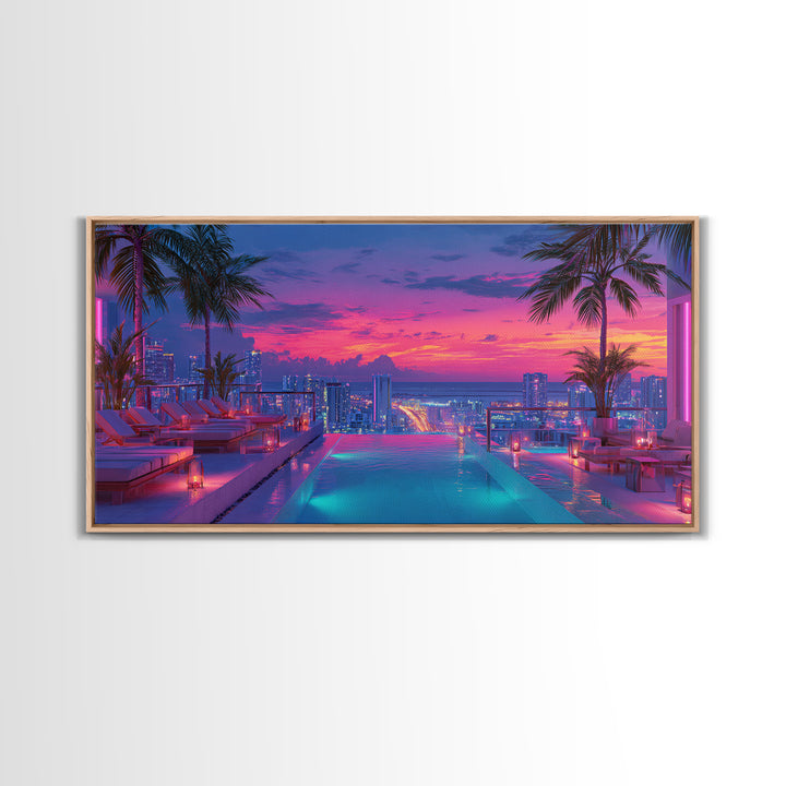 Vibrant Sunset Rooftop Pool Scene With Palm Trees And Cityscape Background Wall Art For Home Decor Framed Canvas Print