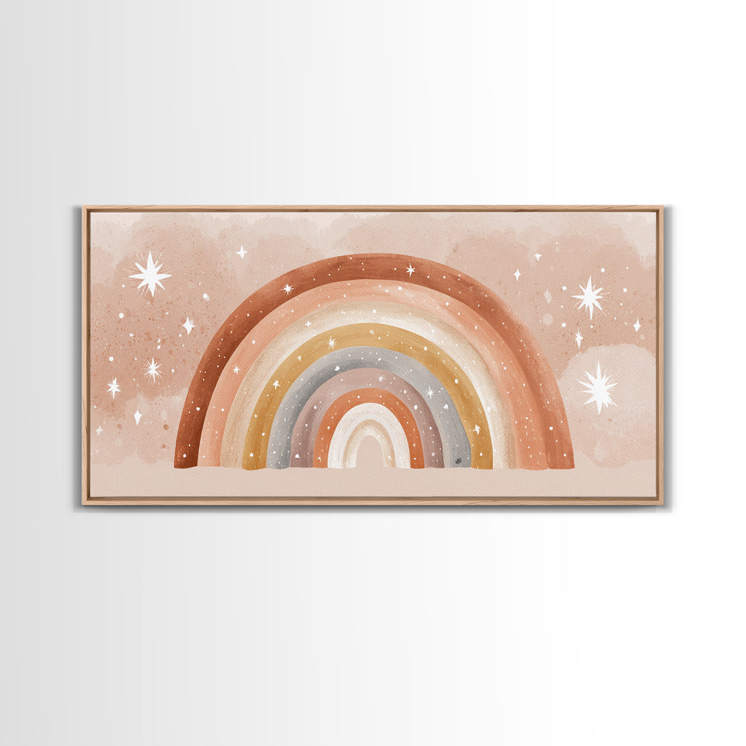 Starry Watercolor Rainbow Wall Art, Pastel Nursery Decor, Kids Room Wall Art, Boho Prints, Baby Shower Gift, Framed Canvas Print