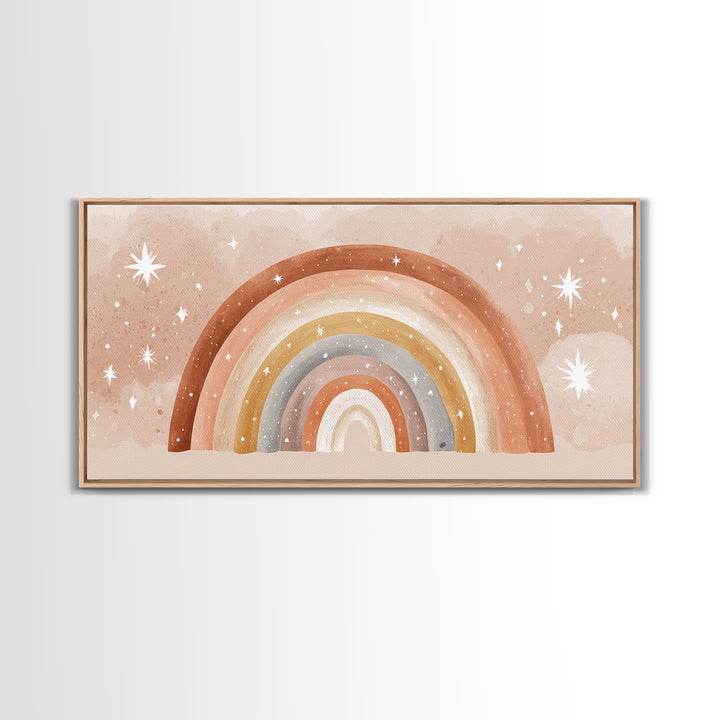 Starry Watercolor Rainbow Wall Art, Pastel Nursery Decor, Kids Room Wall Art, Boho Prints, Baby Shower Gift, Framed Canvas Print