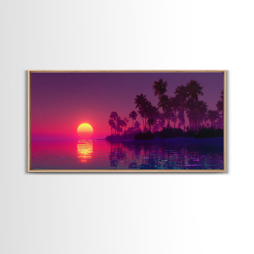Tropical Sunset Beach Scene With Palm Trees Framed Canvas Print, Vibrant Coastal Wall Art For Living Room And Tropical Home Decor