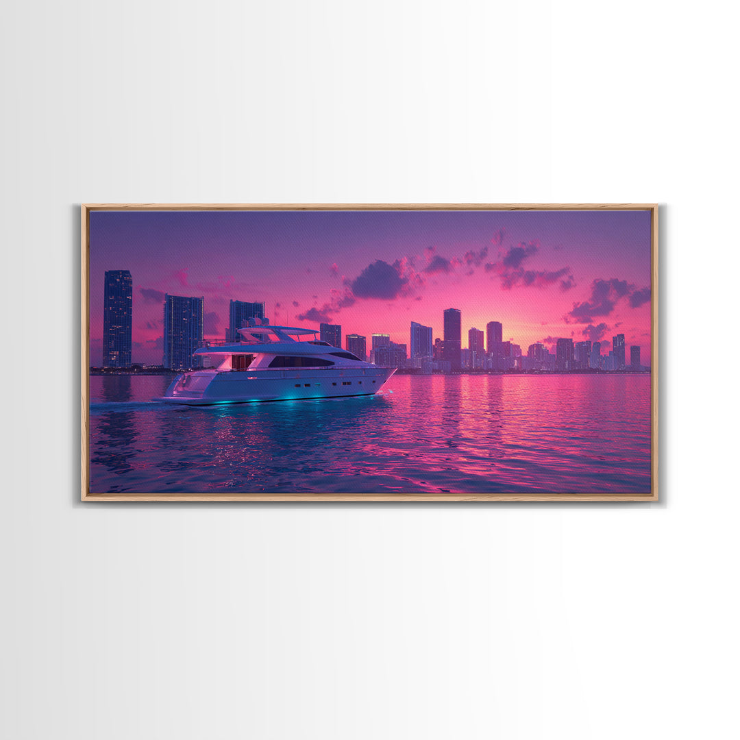 Luxury Yacht Sailing At Vibrant Pink Sunset Skyline With Modern Cityscape Featured As Wall Art For Home Decor