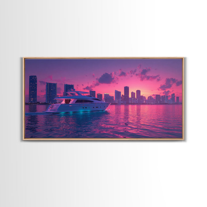Luxury Yacht Sailing At Vibrant Pink Sunset Skyline With Modern Cityscape Featured As Wall Art For Home Decor