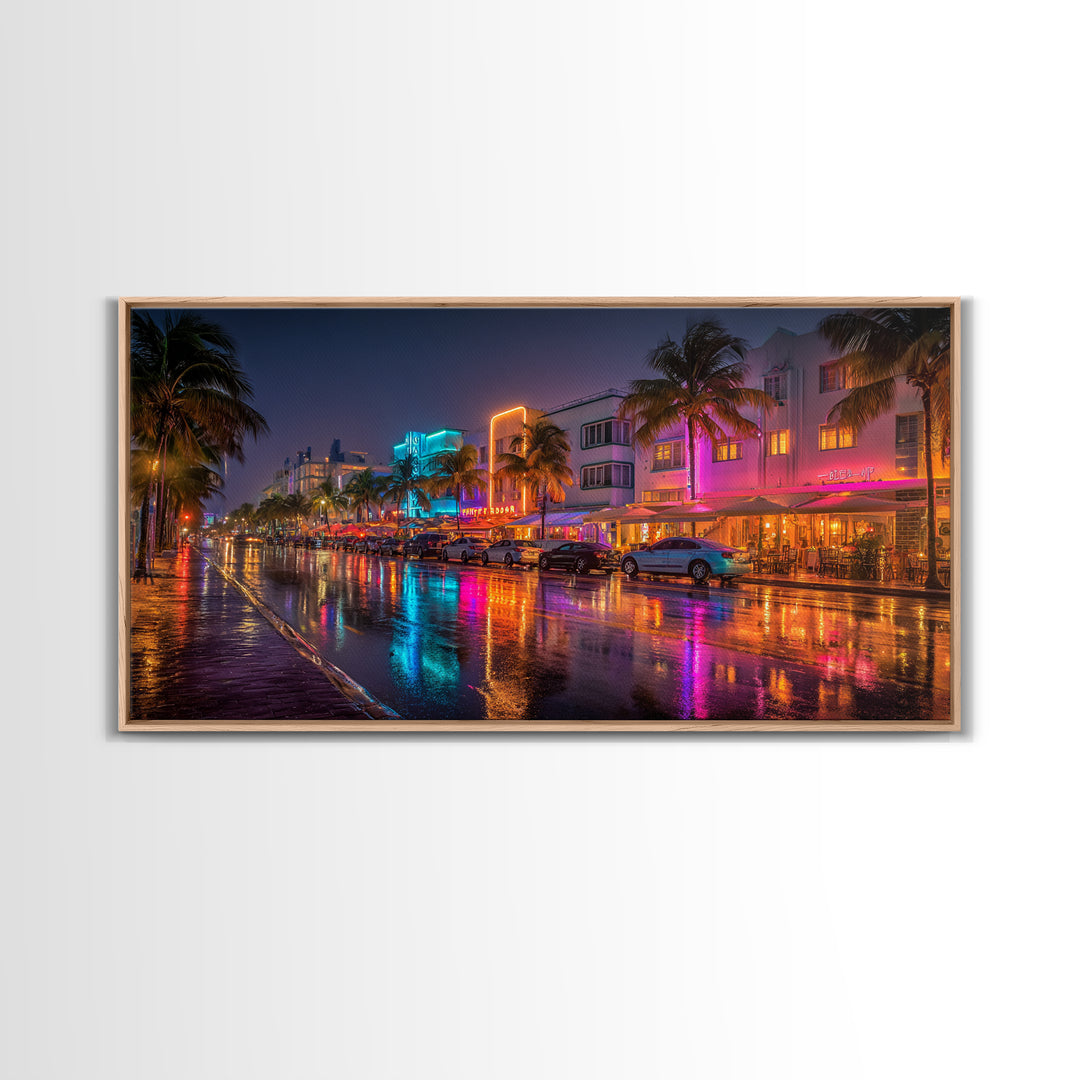 Neon City Night Street Scene Vibrant Urban Wall Art Canvas Print Modern Home Decor Living Room Art