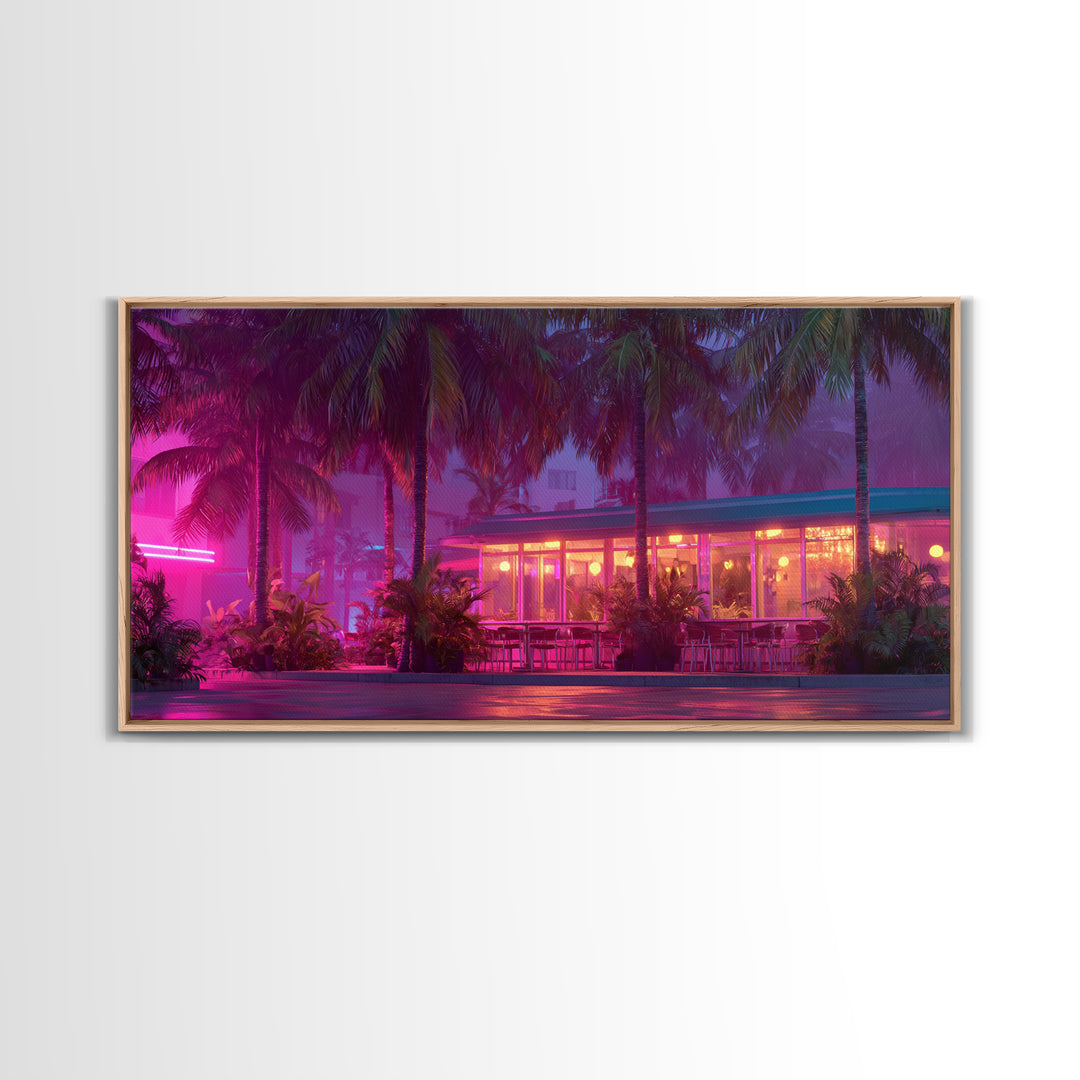 Vibrant Neon Lit Tropical Cafe At Night Palm Trees Retro Miami Style Wall Art Prints For Home Decor