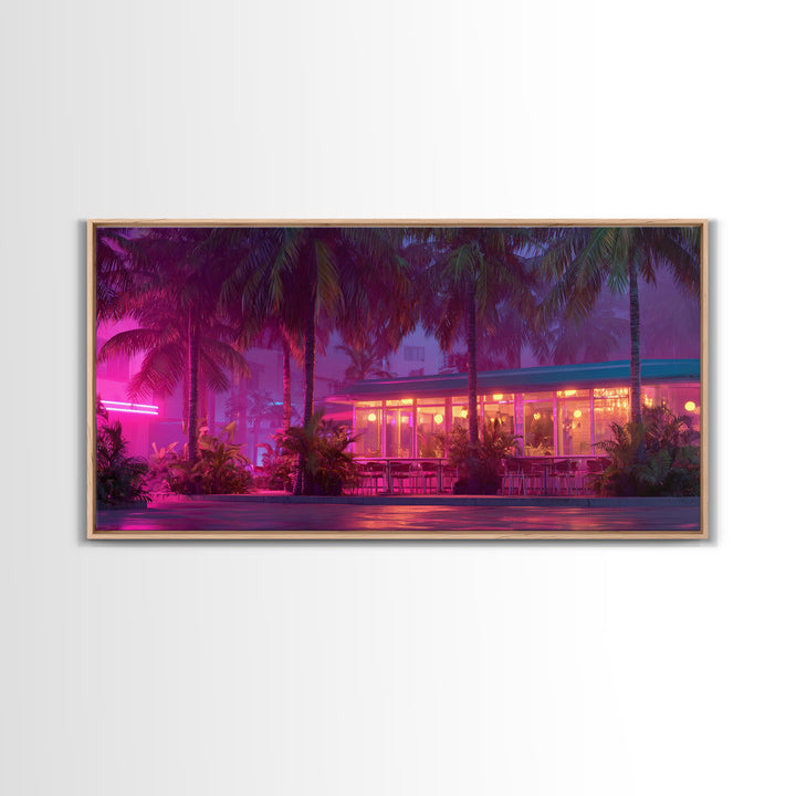 Vibrant Neon Lit Tropical Cafe At Night Palm Trees Retro Miami Style Wall Art Prints For Home Decor