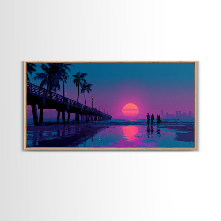 Vibrant Neon Sunset Beach Scene With Silhouettes Of People Framed Canvas Print Coastal Wall Art For Modern Living Room And Bedroom Decor