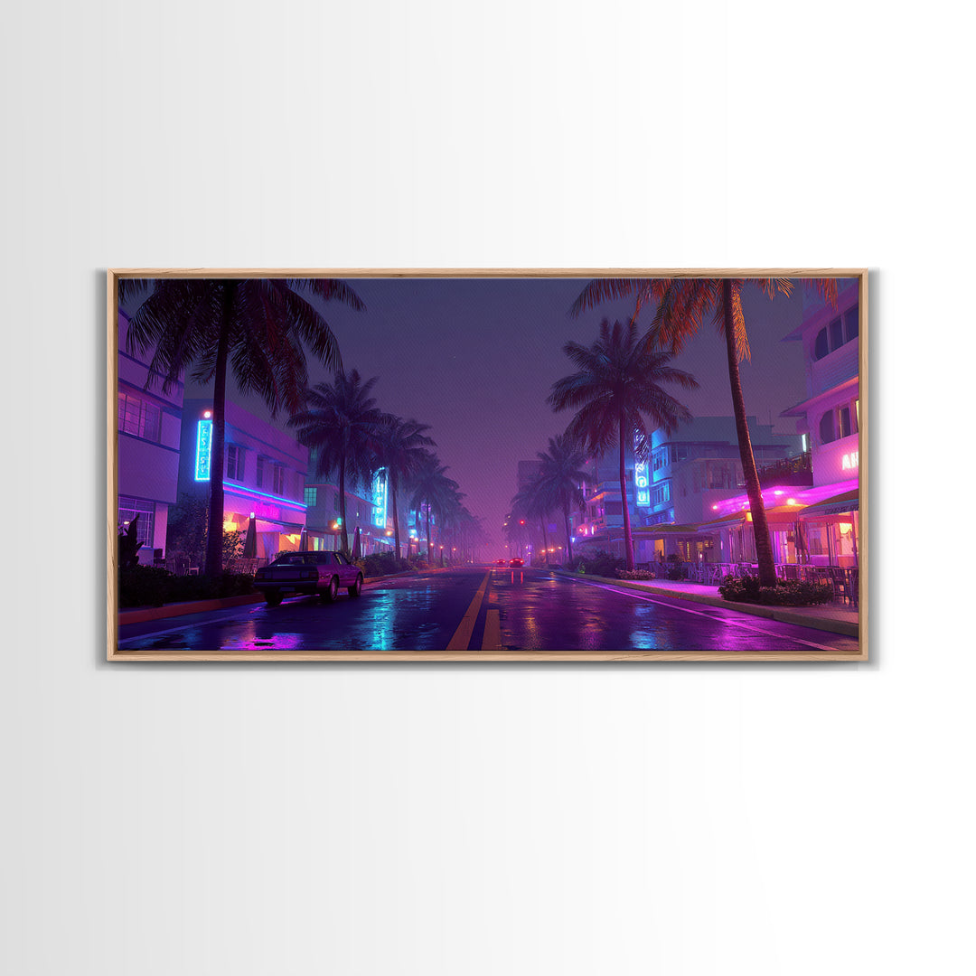 Night City Street Scene With Neon Lights And Palm Trees, Framed Canvas Print For Retro Wall Art And Miami Home Decor