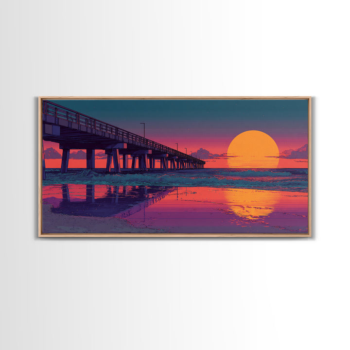 Sunset Pier Over Calm Ocean Waves Vibrant Pink Purple Beach Scene Wall Art Framed Canvas Print Coastal Home Decor