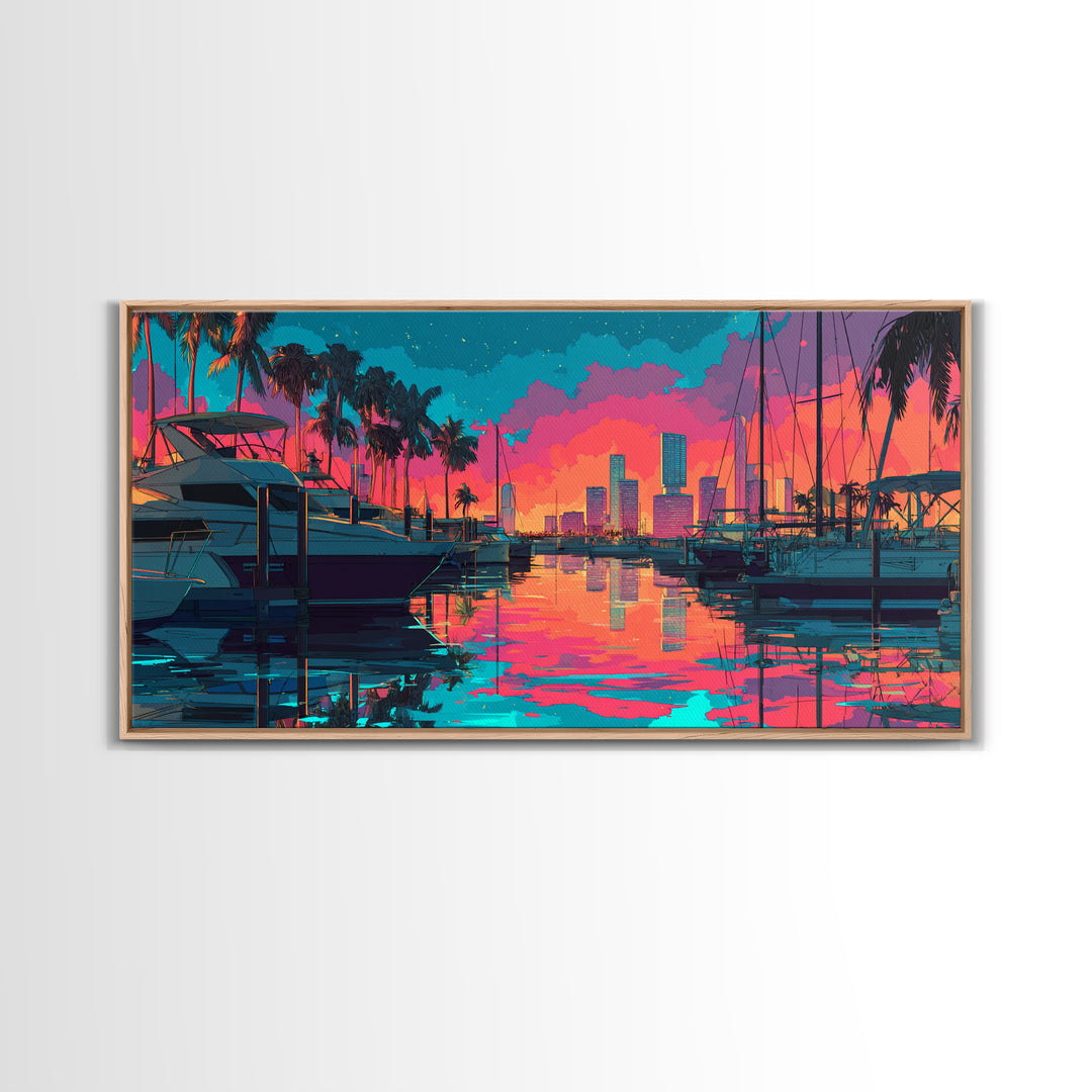 Colorful Harbor Scene With Boats Palm Trees And Sunset Sky Vibrant Contemporary Wall Art Canvas Print
