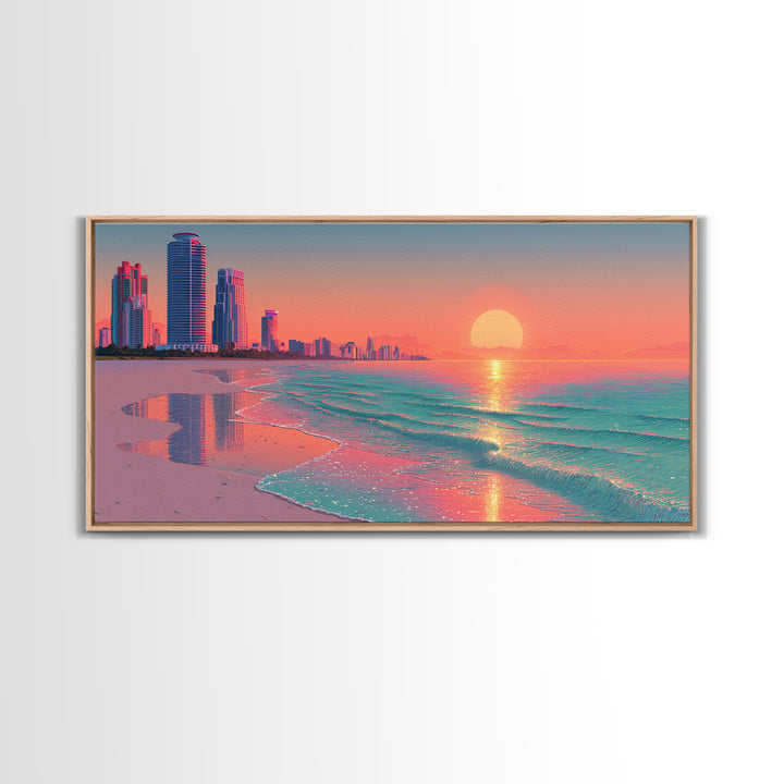 Vibrant Sunset Over Modern Coastal City Beach With Reflective Waves Wall Art Framed Canvas Print For Home Decor