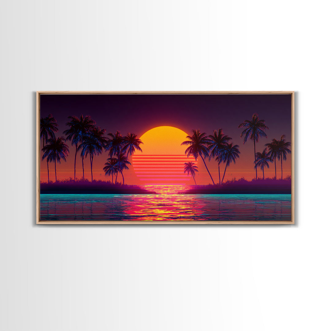Retro Sunset Beach Palm Trees Digital Art Print Vibrant Coastal Wall Art Canvas Print Modern Boho Decor