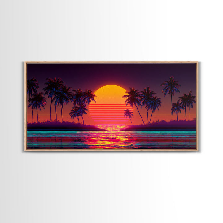 Retro Sunset Beach Palm Trees Digital Art Print Vibrant Coastal Wall Art Canvas Print Modern Boho Decor