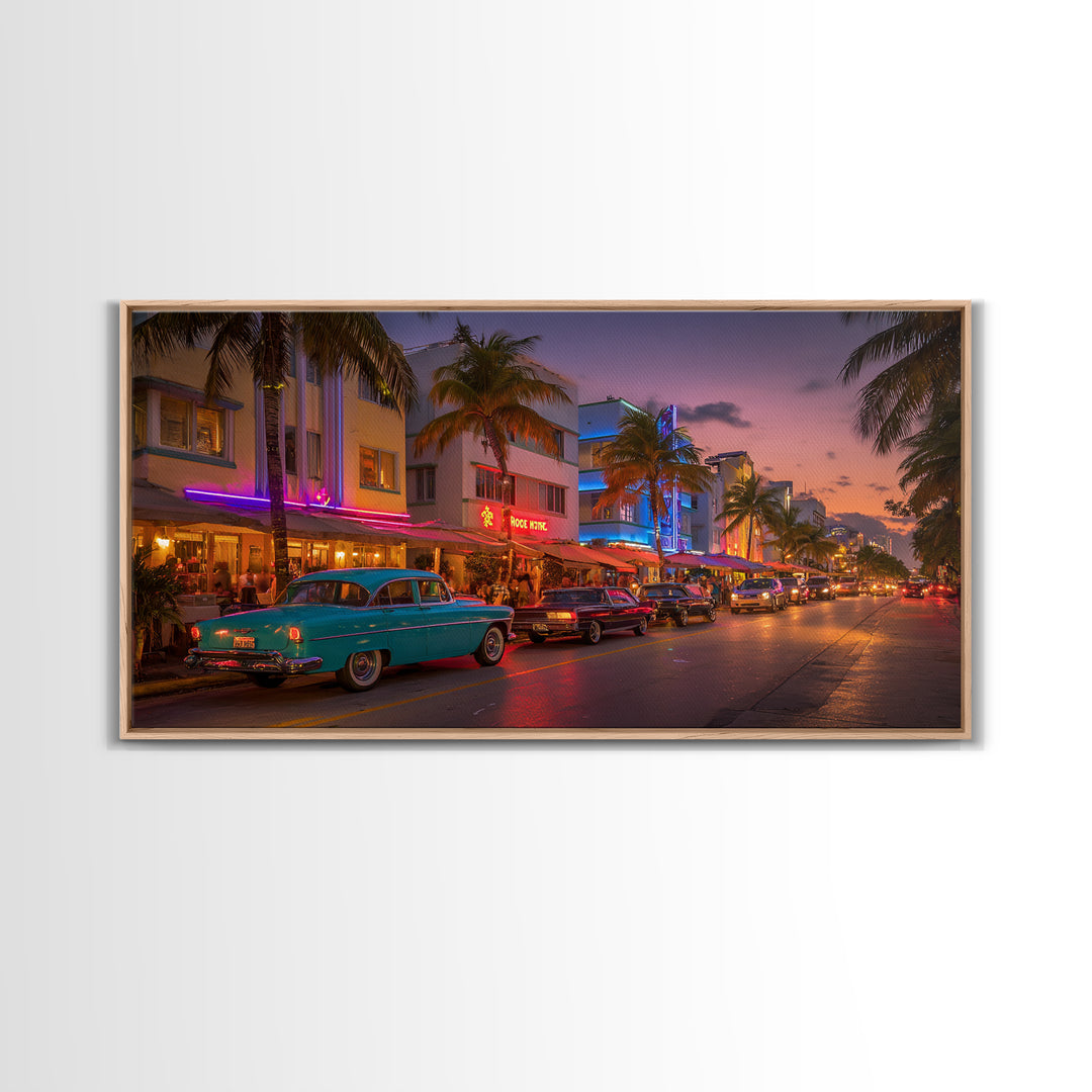 Vintage Urban Miami Beach Scene At Sunset With Classic Cars And Palm Trees Wall Art Canvas Print
