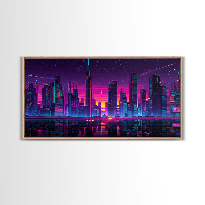 Vibrant Neon Cityscape With Reflective River And Pink Purple Sky Canvas Print Modern Urban Wall Art