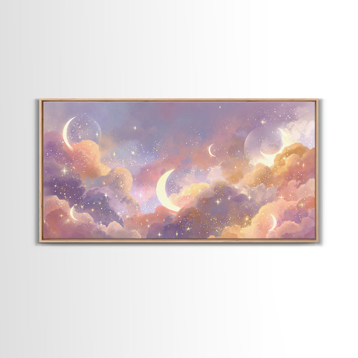 Glowing Crescent Moon Clouds Wall Art, Celestial Decor, Galaxy Art, Space Wall Art, Dreamy Bedroom Decor, Framed Canvas Print