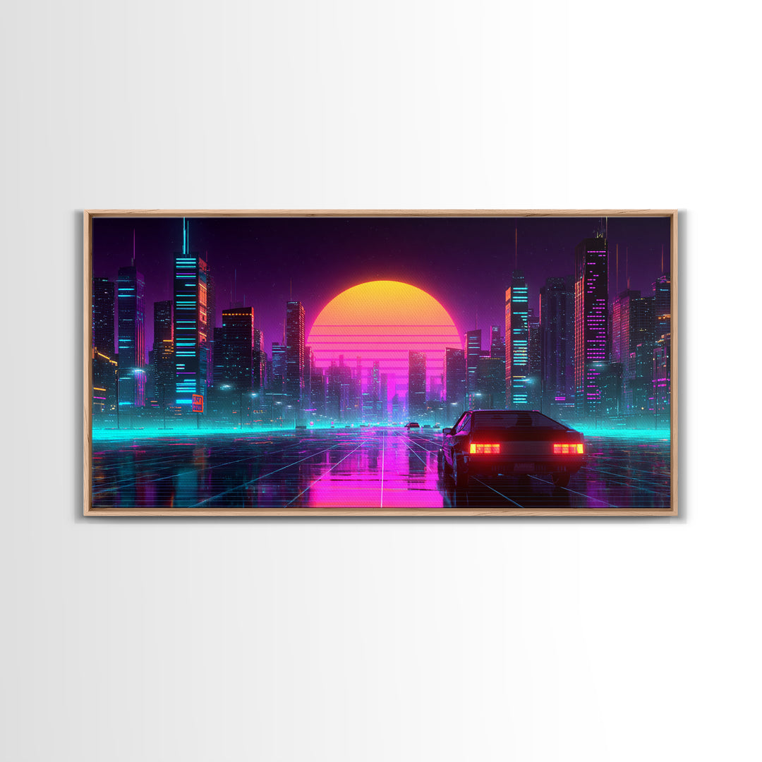Vibrant Futuristic Cityscape Neon Lights Digital Artwork Modern Wall Art Canvas Print For Urban Living Room Decor