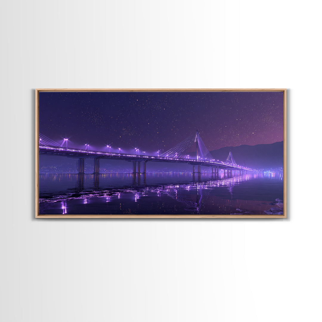 Nighttime Cityscape With Illuminated Bridge Over Waterstars Sky Reflections Beautiful Large Wall Art Framed Canvas Print