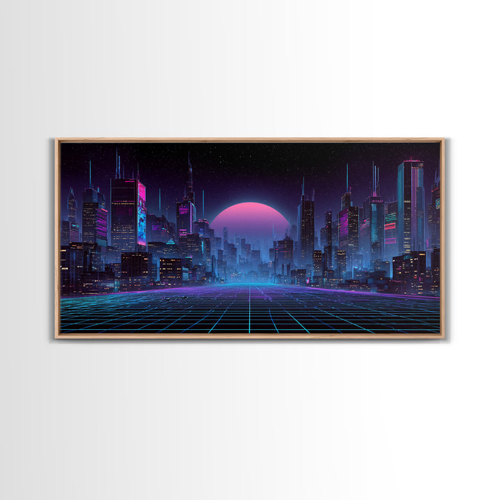 Cyberpunk Futuristic Cityscape Landscape With Neon Lights And Moon Framed Canvas Print For Modern Wall Art And Office Decor