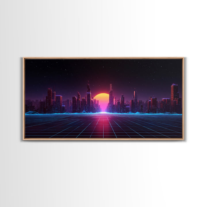 Futuristic Cyberpunk Neon City Digital Artwork With Vibrant Sunset And Grid-Like Road Abstract Sci-Fi Framed Canvas Print For Modern Wall Decor