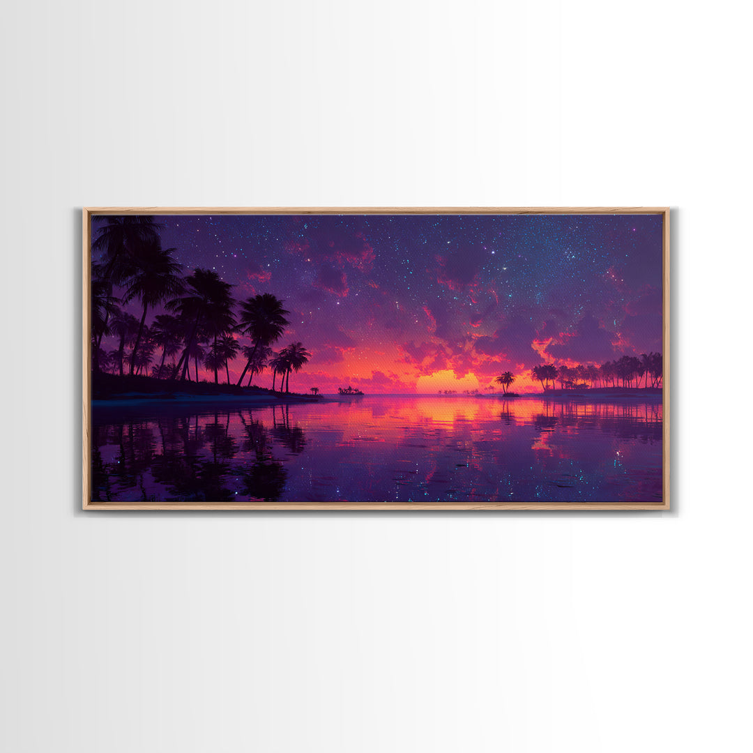 Tropical Sunset Beach With Palm Trees Landscape Painting Canvas Print For Coastal Wall Art