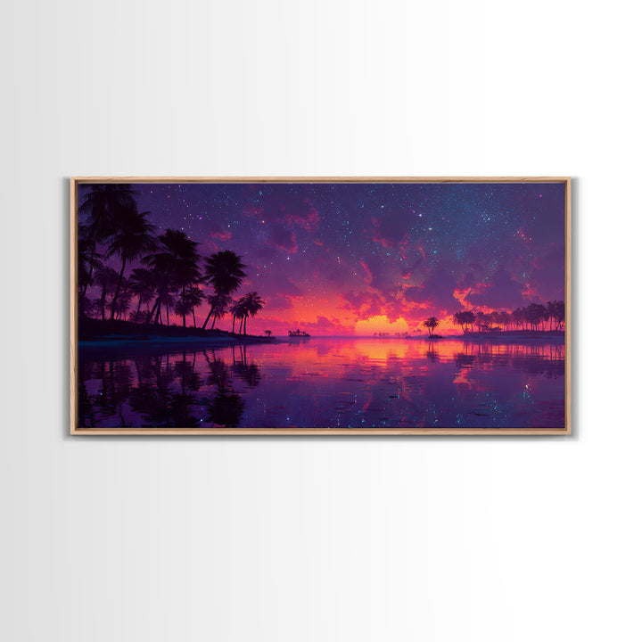 Tropical Sunset Beach With Palm Trees Landscape Painting Canvas Print For Coastal Wall Art