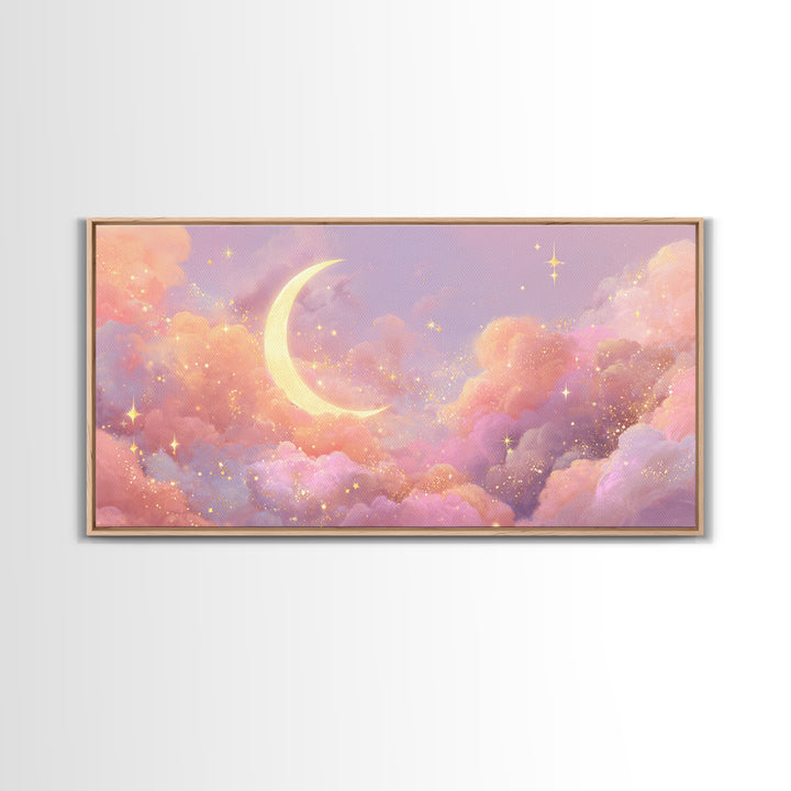 Golden Crescent Moon Clouds Wall Art, Pastel Celestial Decor, Pink Wall Art, Dreamy Nursery Art, Whimsical Decor, Canvas Print